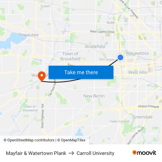 Mayfair & Watertown Plank to Carroll University map