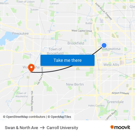 Swan & North Ave to Carroll University map