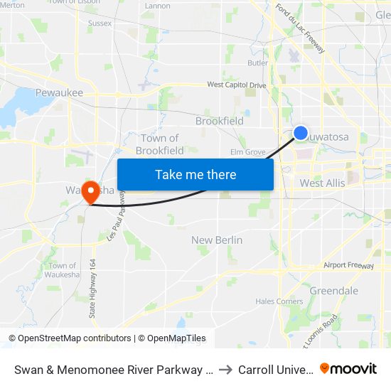 Swan & Menomonee River Parkway (Farside) to Carroll University map