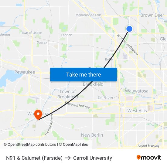 N91 & Calumet (Farside) to Carroll University map