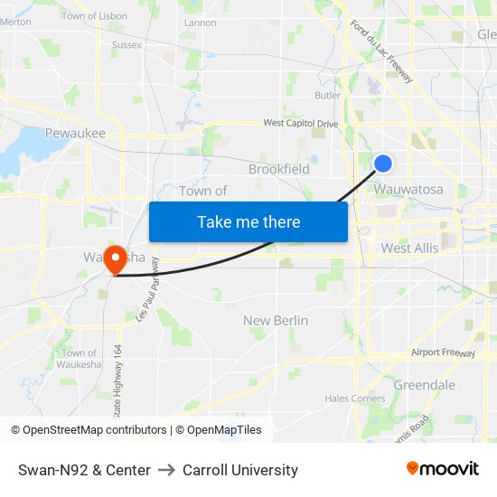 Swan-N92 & Center to Carroll University map