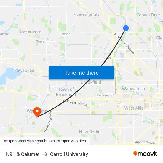 N91 & Calumet to Carroll University map