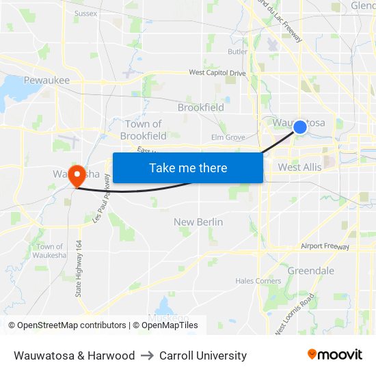 Wauwatosa & Harwood to Carroll University map