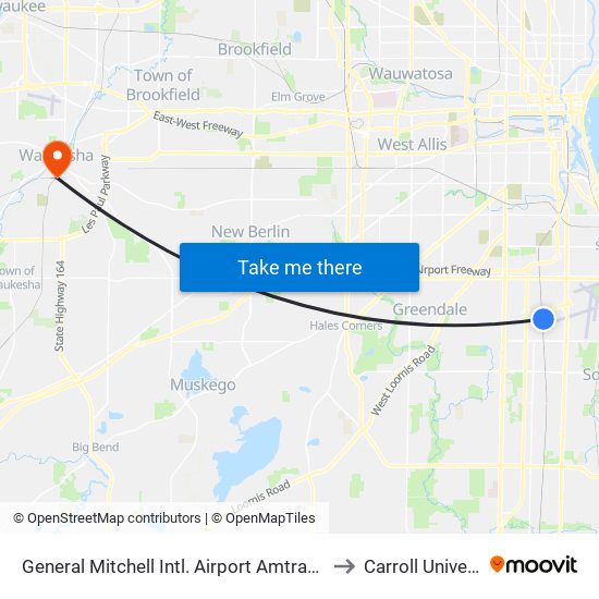 General Mitchell Intl. Airport Amtrak Station to Carroll University map