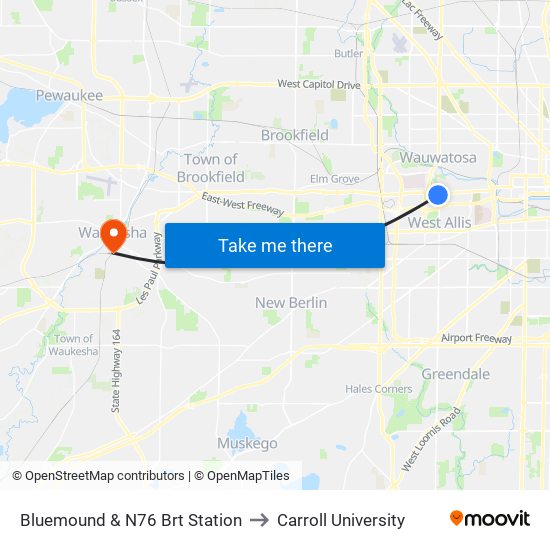 Bluemound & N76 Brt Station to Carroll University map