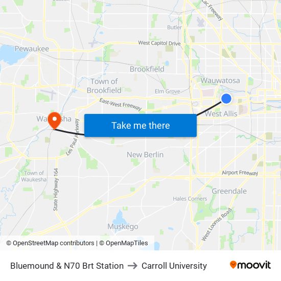 Bluemound & N70 Brt Station to Carroll University map