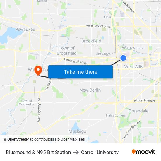 Bluemound & N95 Brt Station to Carroll University map