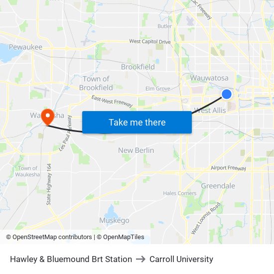 Hawley & Bluemound Brt Station to Carroll University map