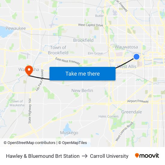 Hawley & Bluemound Brt Station to Carroll University map