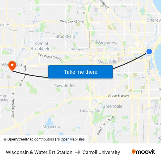 Wisconsin & Water Brt Station to Carroll University map