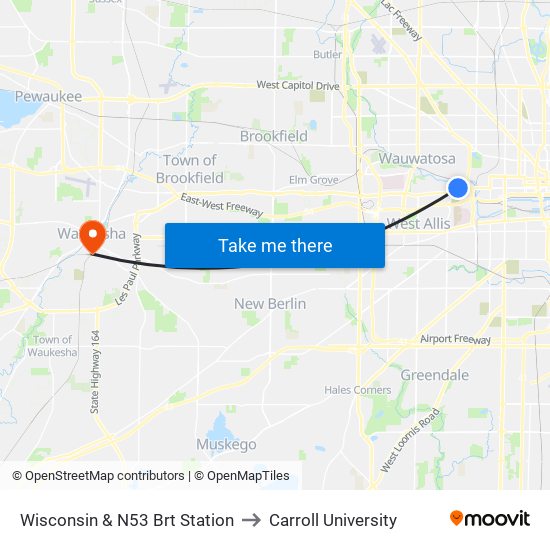 Wisconsin & N53 Brt Station to Carroll University map