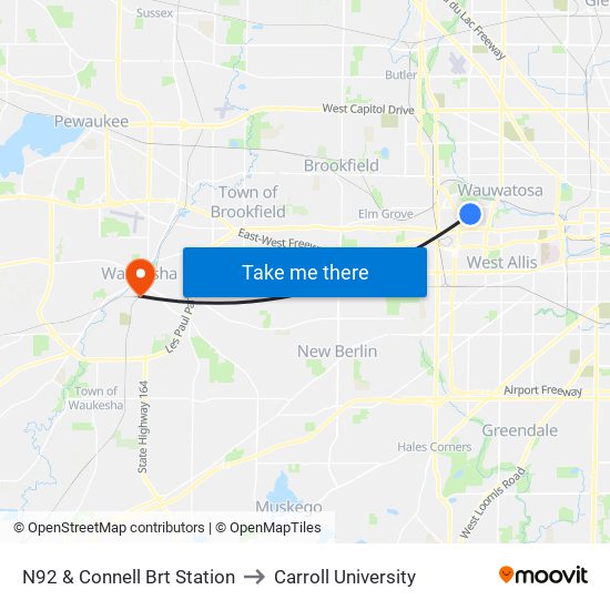 N92 & Connell Brt Station to Carroll University map