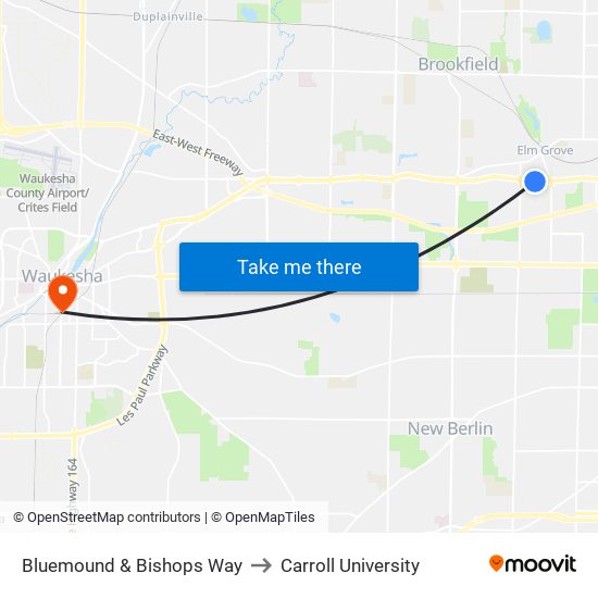 Bluemound & Bishops Way to Carroll University map