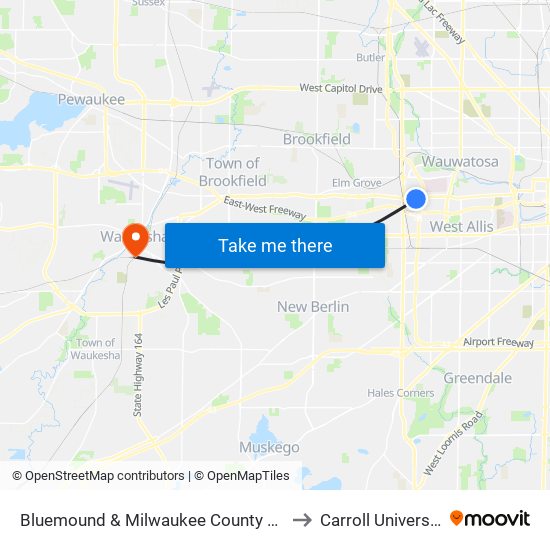 Bluemound & Milwaukee County Zoo to Carroll University map