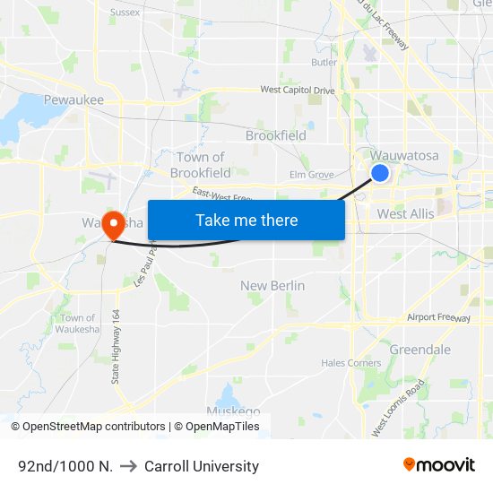 92nd/1000 N. to Carroll University map