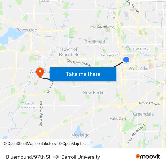 Bluemound/97th St to Carroll University map
