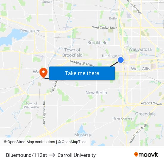 Bluemound/112st to Carroll University map