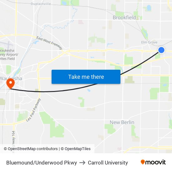 Bluemound/Underwood Pkwy to Carroll University map