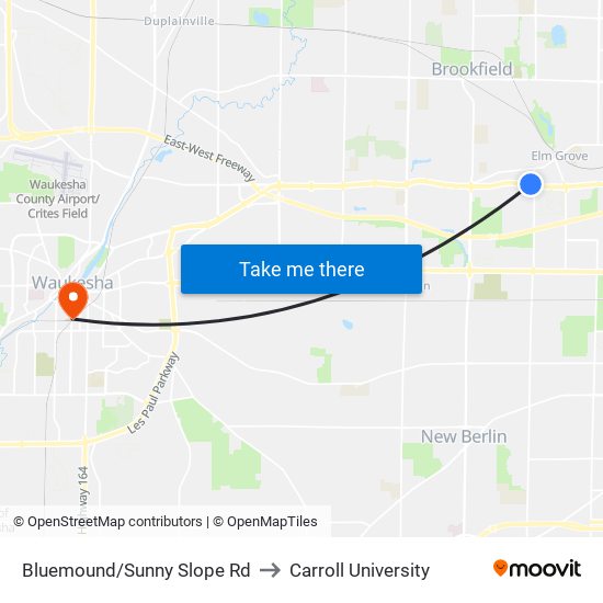 Bluemound/Sunny Slope Rd to Carroll University map