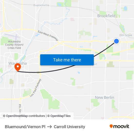 Bluemound/Vernon Pl to Carroll University map