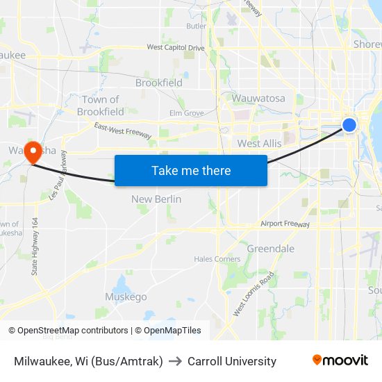 Milwaukee, Wi (Bus/Amtrak) to Carroll University map