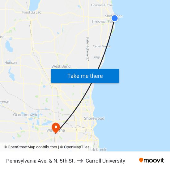 Pennsylvania Ave. & N. 5th St. to Carroll University map