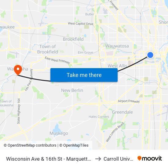 Wisconsin Ave & 16th St - Marquette University to Carroll University map