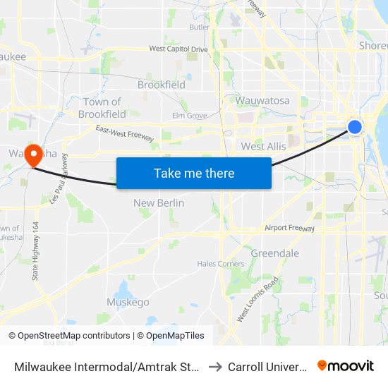 Milwaukee Intermodal/Amtrak Station to Carroll University map