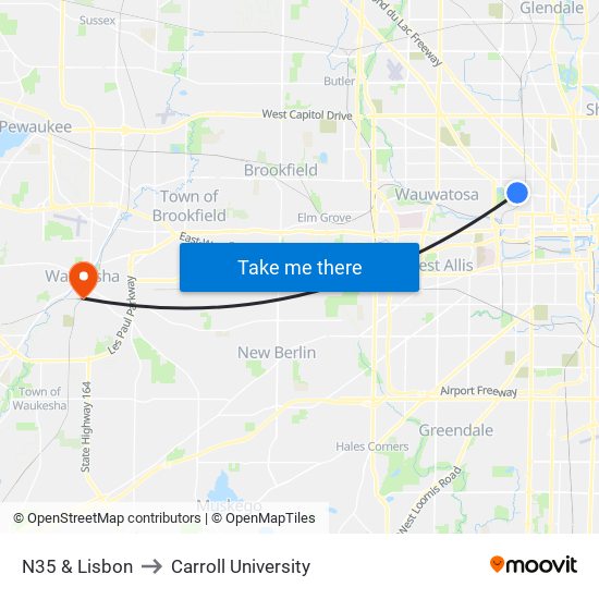 N35 & Lisbon to Carroll University map