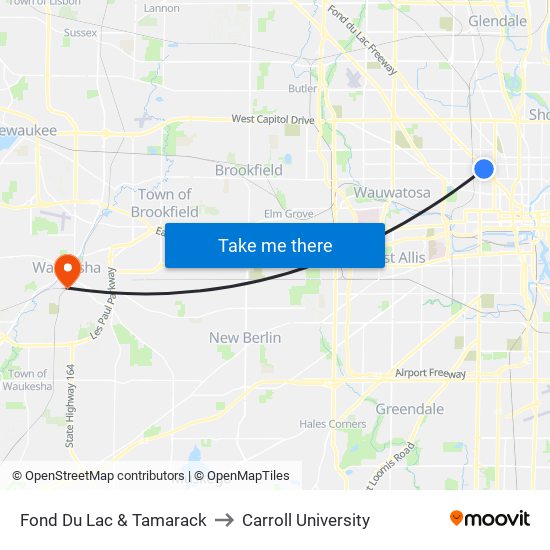 Fond Du Lac & Tamarack to Carroll University map