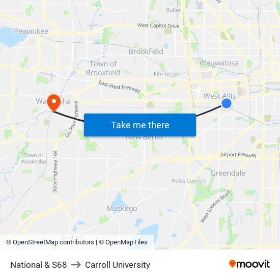 National & S68 to Carroll University map