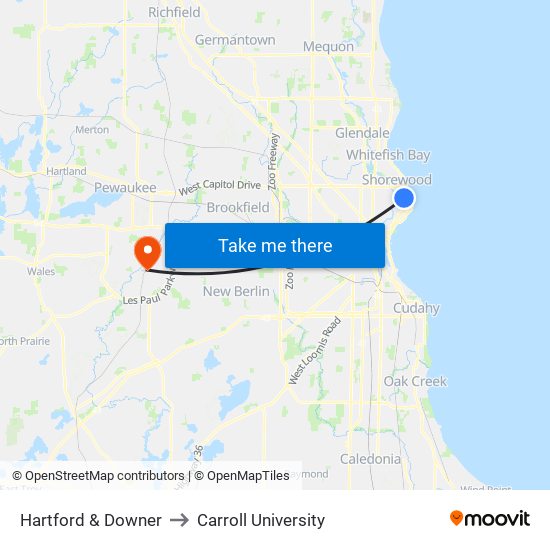 Hartford & Downer to Carroll University map