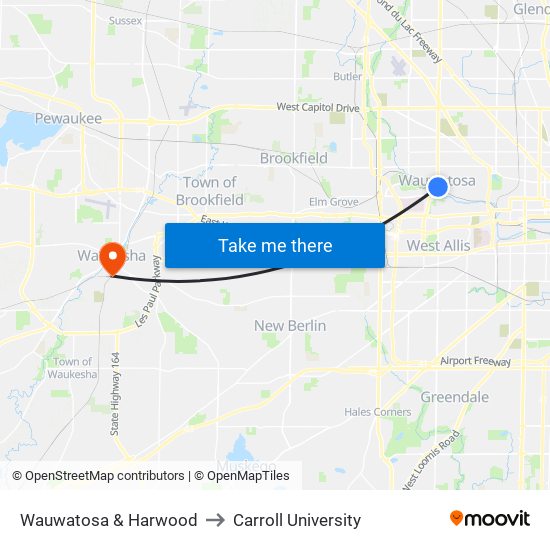 Wauwatosa & Harwood to Carroll University map