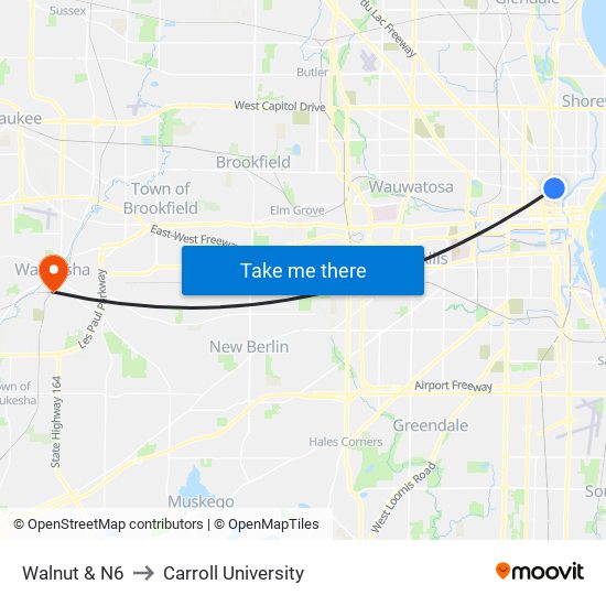 Walnut & N6 to Carroll University map