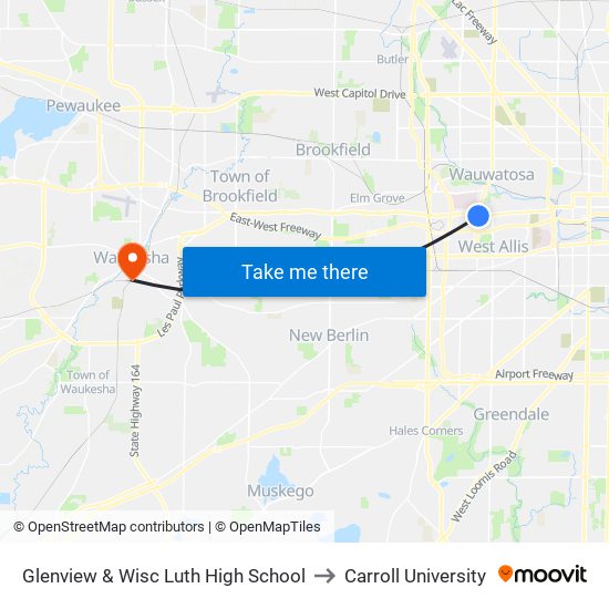 Glenview & Wisc Luth High School to Carroll University map