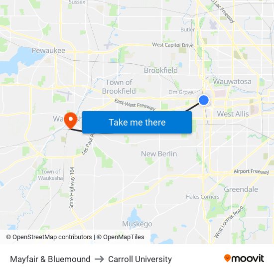 Mayfair & Bluemound to Carroll University map