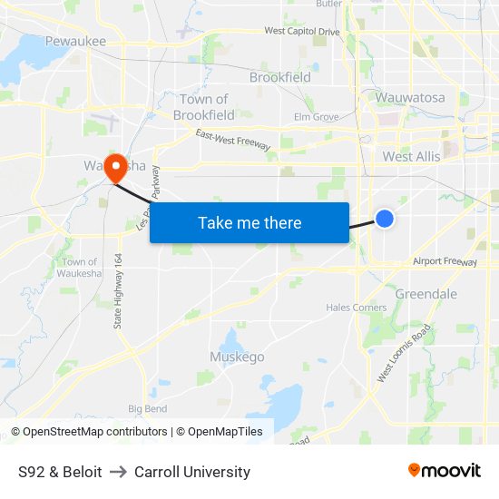 S92 & Beloit to Carroll University map