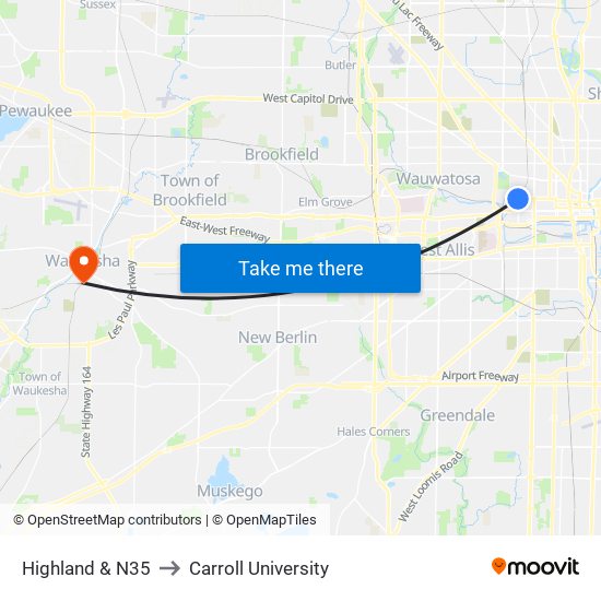 Highland & N35 to Carroll University map