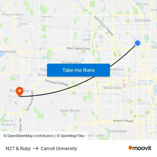 N27 & Ruby to Carroll University map