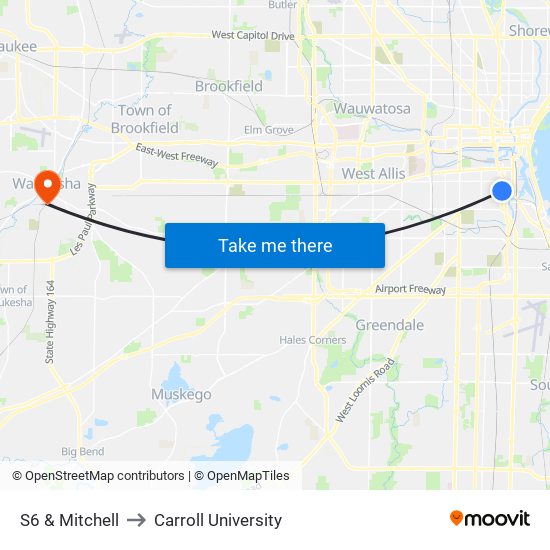 S6 & Mitchell to Carroll University map