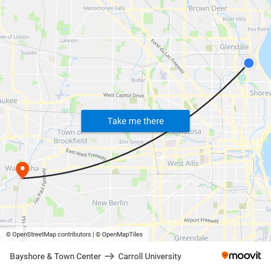 Bayshore & Town Center to Carroll University map