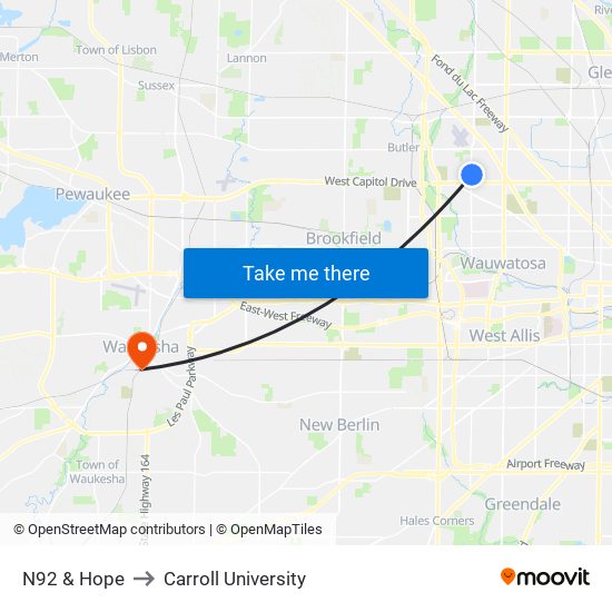 N92 & Hope to Carroll University map