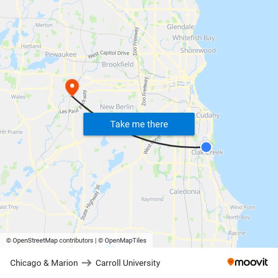 Chicago & Marion to Carroll University map