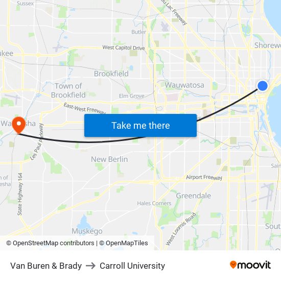 Van Buren & Brady to Carroll University map