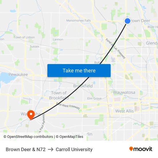 Brown Deer & N72 to Carroll University map