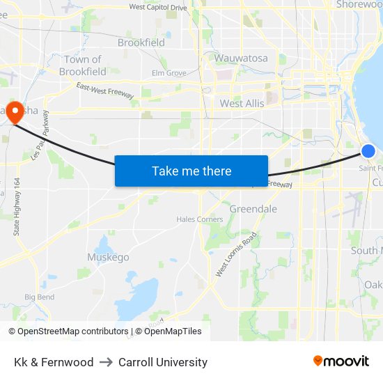 Kk & Fernwood to Carroll University map