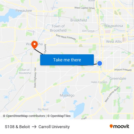 S108 & Beloit to Carroll University map