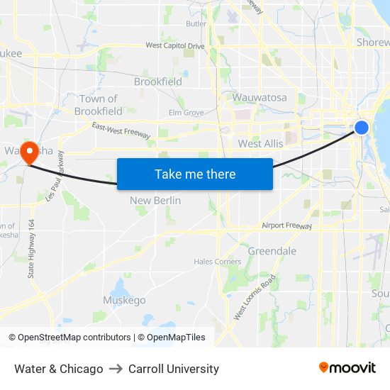 Water & Chicago to Carroll University map