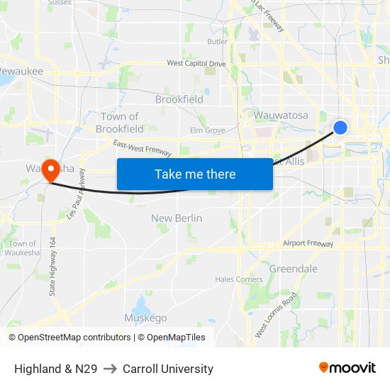 Highland & N29 to Carroll University map