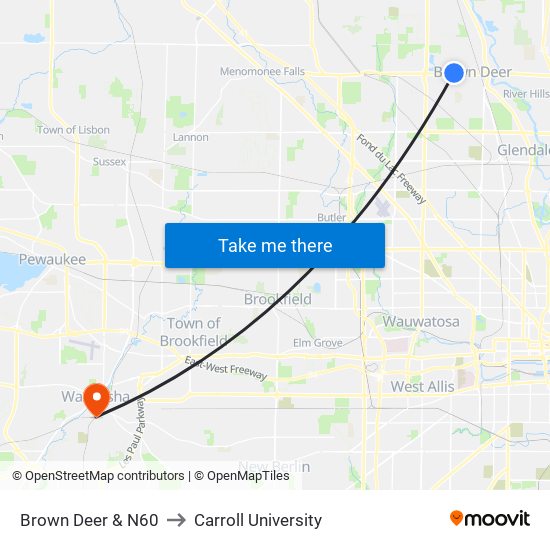 Brown Deer & N60 to Carroll University map
